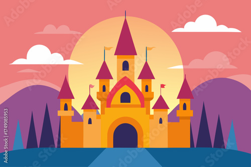 Cartoon fairytale castle at sunrise vector illustration