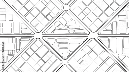 Detailed architectural blueprint of an urban city plan showcasing a complex network of streets and buildings, , revealing urban design and infrastructure