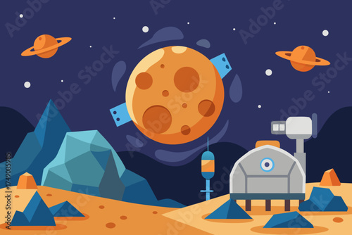 Cartoon asteroid mining site vector illustration