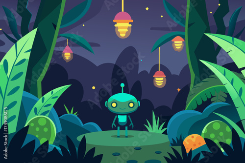Cartoon alien jungle with glowing plants vector illustration