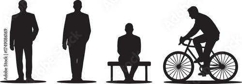Silhouettes of people engaged in various activities, including standing, sitting on a bench, and riding a bicycle, showcasing different postures and actions in a minimalist style