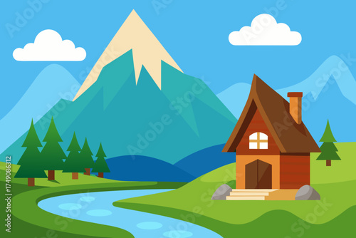 Cartoon mountain cottage near a stream vector illustration