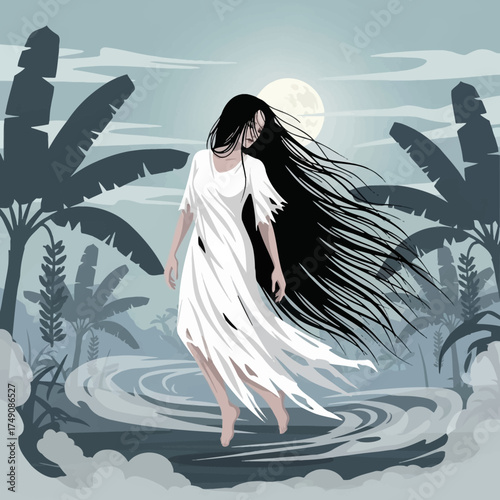 High-quality Indonesian Ghost Art. Terrifying Kuntilanak figure with cinematic lighting and a dark atmosphere. Scalable vector for horror posters, folklore themes, and game visuals.