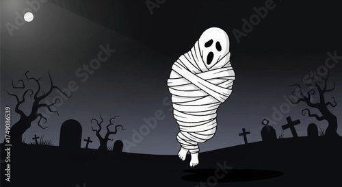 High-quality Pocong Ghost Icon. Terrifying Indonesian spirit vector jumping in a dark setting. Minimalist style, dramatic lighting, and dark gradient background. Great for horror theme kits.