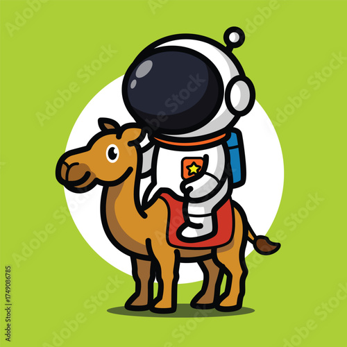 Cute Astronaut Riding Camel Illustration for Space Cartoon Character and Desert Adventure Concept