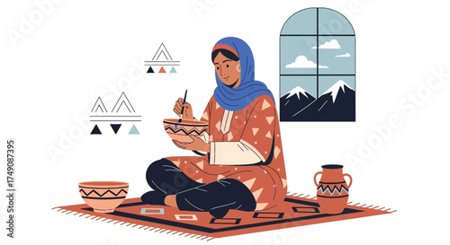 Illustration of a woman in traditional attire crafting pottery indoors with mountain view