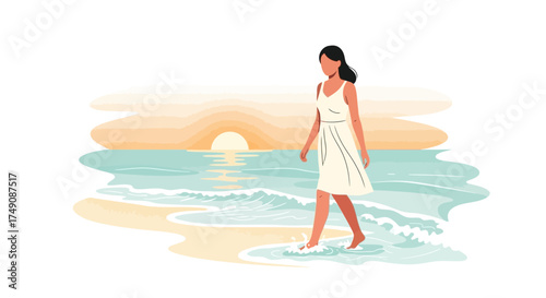 Illustration of a woman walking on the beach at sunset wearing a white dress elegant and carefree