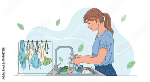 Illustration of a woman washing reusable produce bags in a kitchen sink with eco-friendly design