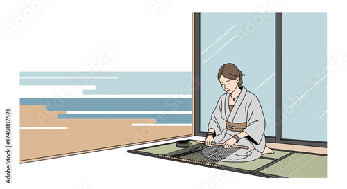 Illustration of a woman weaving a traditional japanese textile near a window facing the ocean