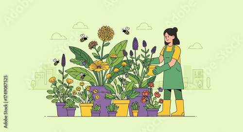 Illustration of a woman watering flowers in pots on a balcony with bees flying around and a city