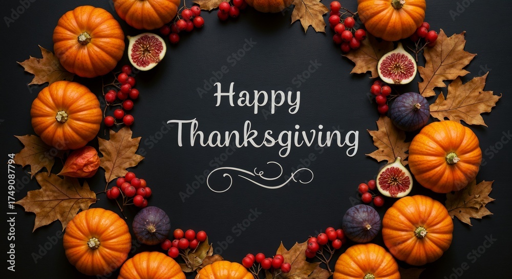 Fototapeta premium Thanksgiving wreath with pumpkins, berries, and autumn leaves 