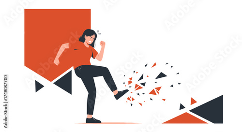 Illustration of an angry woman kicking and breaking obstacles for problem solving and overcoming
