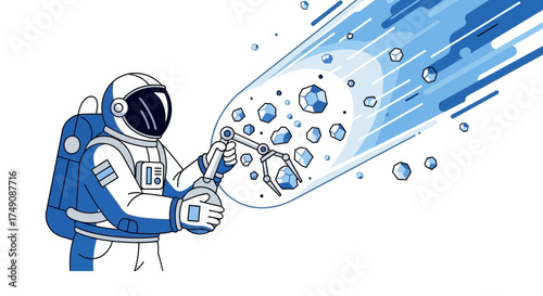 Illustration of an Astronaut Collecting Space Rocks with Robotic Arm in Space