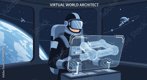 Illustration of an astronaut designing a space station using virtual reality interface