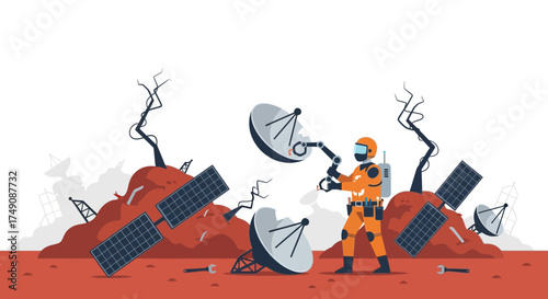 Illustration of an astronaut repairing satellite dishes on a reddish alien planet landscape
