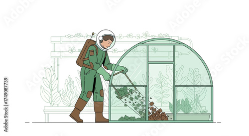 Illustration of an astronaut gardening in a greenhouse on a space colony promoting self sufficiency