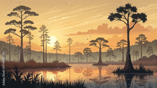 Flat minimal cartoon of Florida Everglades with cypress trees, calm water reflection, and sunset tones