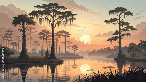 Flat minimal cartoon of Florida Everglades with cypress trees, calm water reflection, and sunset tones