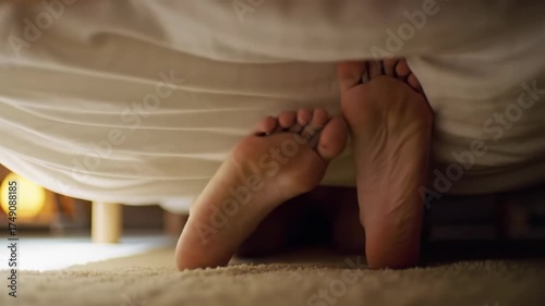 Extreme low-angle video of two pairs of delicate, bare caucasian feet wiggling playfully under a crisp white duvet. Soft, warm lamp light and creamy bokeh for a tranquil, romantic morning atmosphere