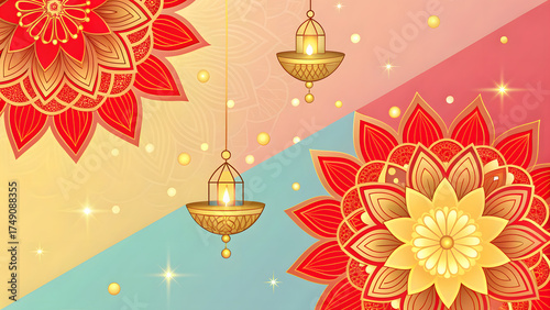 Elegant festive background with glowing lanterns and floral mandala patterns, perfect for greeting cards, celebration posters, and cultural festival designs.