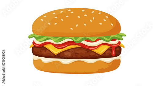 A delicious and appetizing burger with sesame seeds, lettuce, cheese, and various sauces.