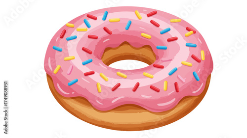 A delicious pink frosted donut with colorful sprinkles, a sweet and tempting treat.