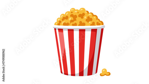A classic red and white striped bucket overflowing with delicious popcorn, with a single piece of popcorn on the side.