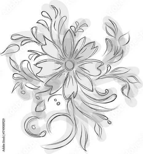 Vector art of elegant black and white floral flourish with swirling leaves and petals