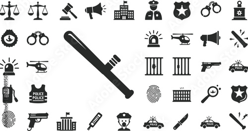 Law enforcement icon set, justice system symbols, police and crime graphics, black vector elements, public safety design, legal illustration pack