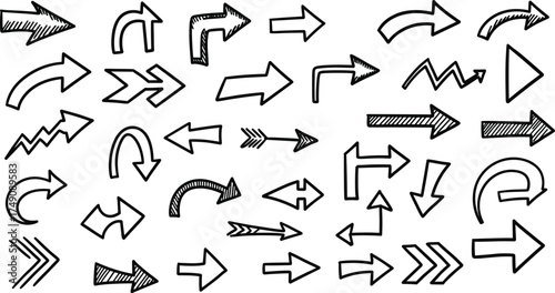 Hand-drawn arrow icon set, sketch style vector graphics, directional symbols, curved and zigzag arrows, black and white design elements