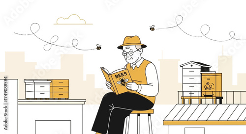 Illustration of an elderly beekeeper reading a book about bees in an urban rooftop garden