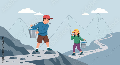 Illustration of kids carrying buckets across rocky terrain with mountains backdrop depiction of
