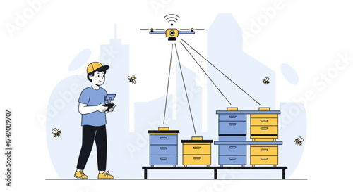 Illustration of modern beekeeping with drone technology for hive monitoring and health inspection