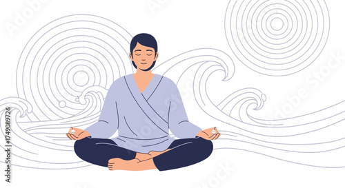 Illustration of peaceful man meditating in lotus position with wave background calm and tranquil