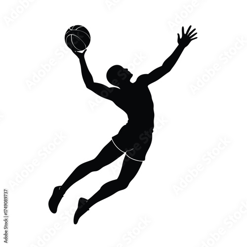 Basketball player silhouette jumping to shoot on white background