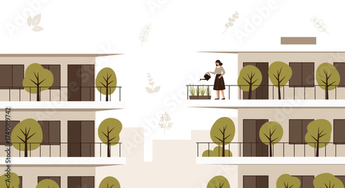 Illustration of residential buildings with trees on balconies and a woman watering plants