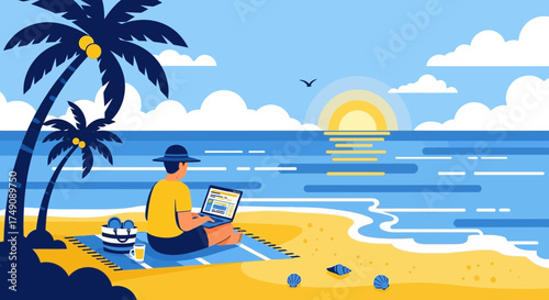 Illustration of remote worker on tropical beach with laptop during sunset showing work life balance