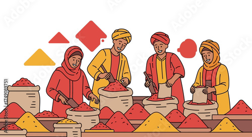 Illustration of people in traditional clothing selling spices at a market illustration