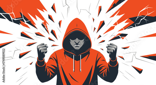 Illustration showcasing immense anger and power emanating from a hooded figure exploding