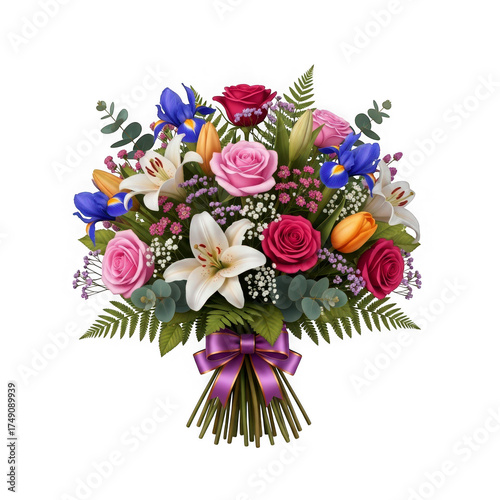 Beautiful mixed flower bouquet with ribbon isolated on transparent background