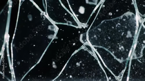 extreme close-up macro video of transparent glass shattering in ultra slow-motion, disintegrating into razor-sharp fragments and shimmering dust against black background, intense light reflections.