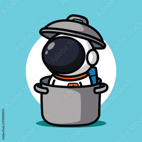 Cute Astronaut Sitting Inside Cooking Pot Illustration for Space Cartoon Character and Funny Kitchen Concept