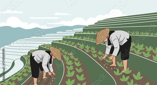 Illustrative Asian farmers working on hillside terraces, a scenic agricultural landscape