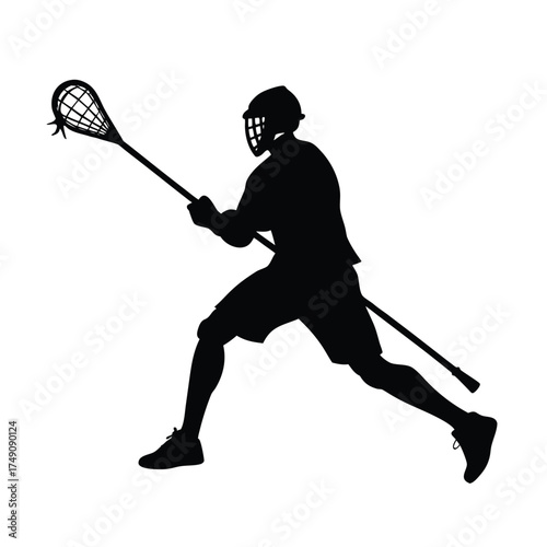 Lacrosse player silhouette running with stick on white background