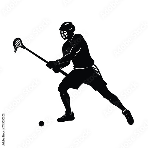 Lacrosse player silhouette with stick and ball on white background