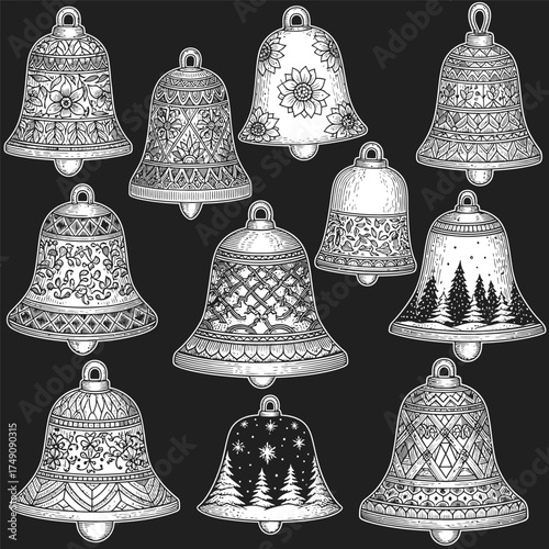 Hand drawn christmas bells isolated on black background holiday vector illustration in vintage style for greeting card, poster, coloring book christmas decoration
