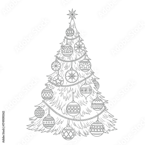 Hand drawn christmas tree isolated on white background, decorated with baubles and star holiday vector illustration in vintage style for greeting card, poster, coloring book