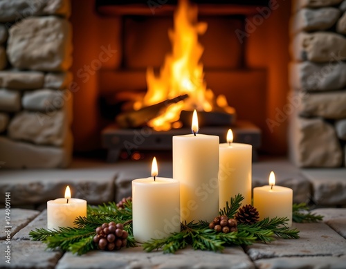 Cozy Candlelit Fireplace with Evergreen Decorations
