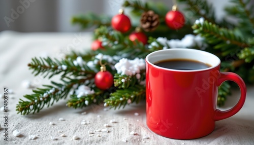 Cozy Red Mug with Evergreen and Winter Background