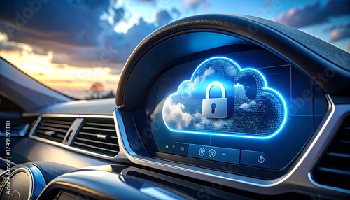 Digital Fortress: A futuristic car dashboard displays a secure cloud data symbol, emphasizing cybersecurity in the automotive industry, merging technology and vehicle design.